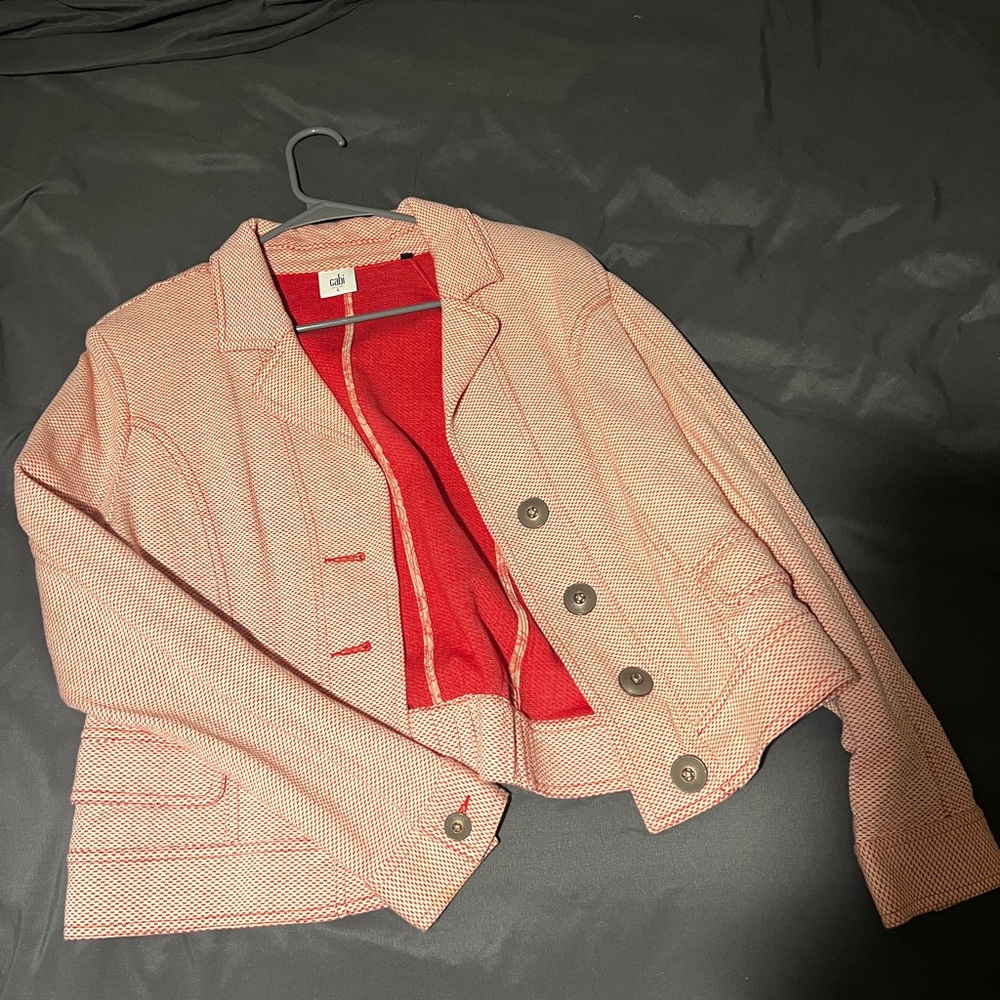 CAbi Pink Tweed Cropped Blazer with Red Interior